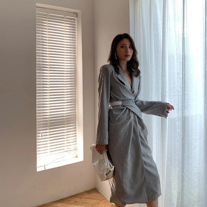 Korean Style Gray Temperament Design Sense V-neck Waist Mid-length Slim Dress - Cruish Home