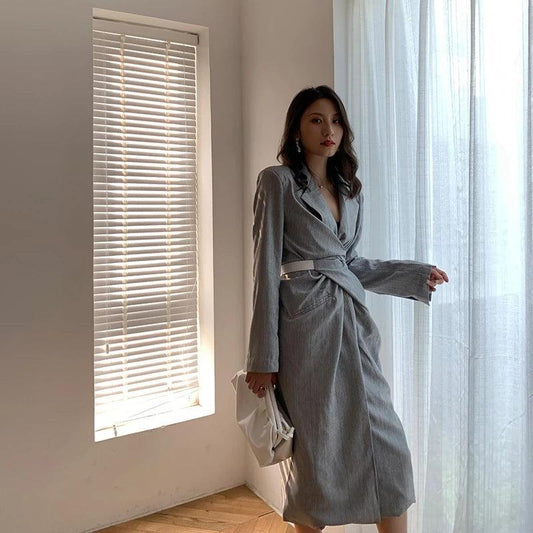 Korean Style Gray Temperament Design Sense V-neck Waist Mid-length Slim Dress - Cruish Home