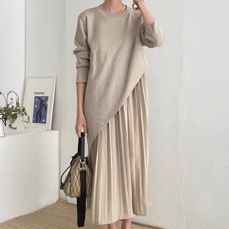 Autumn Elegance Retro Round Neck Irregular Design Loose Casual Patchwork Pleated Dress Women - Cruish Home