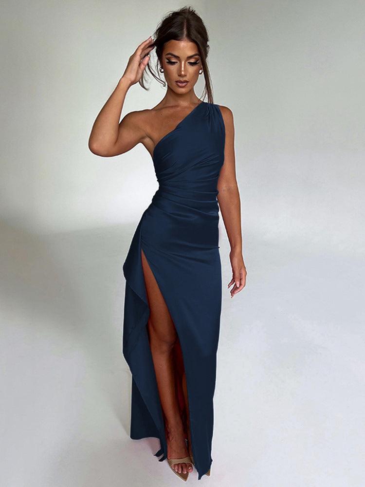 One-shoulder Pleated Split Sexy Satin Dress Elegant Slim-fit Solid Color - Cruish Home