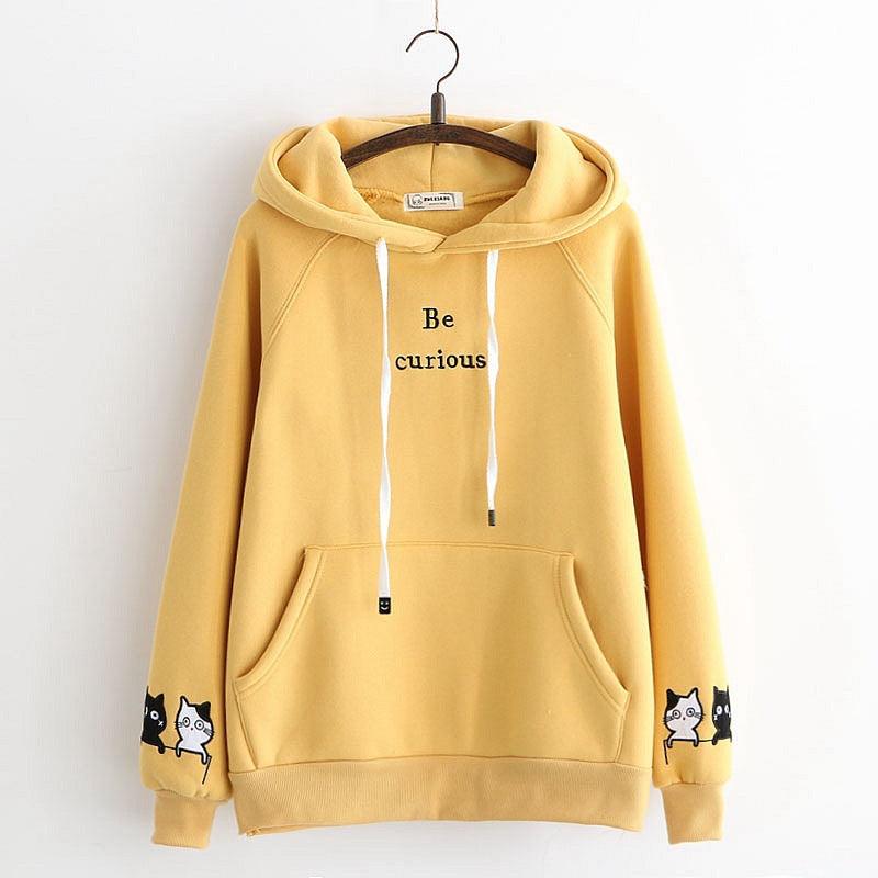 Japanese College Style Letters Cartoon Cat Embroidery Velvet Loose Hooded Sweater For Women Fleece Shirt - Cruish Home