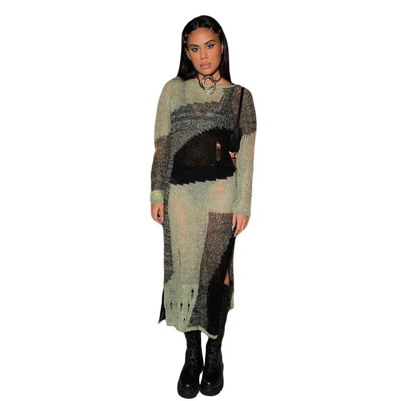 Fashion Irregular Yarn-dyed Hole High Waist Slit Slim Fit Dress Women - Cruish Home