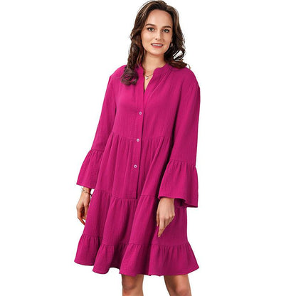 Women's Fashion Solid Color V-neck Long-sleeve Dress - Cruish Home