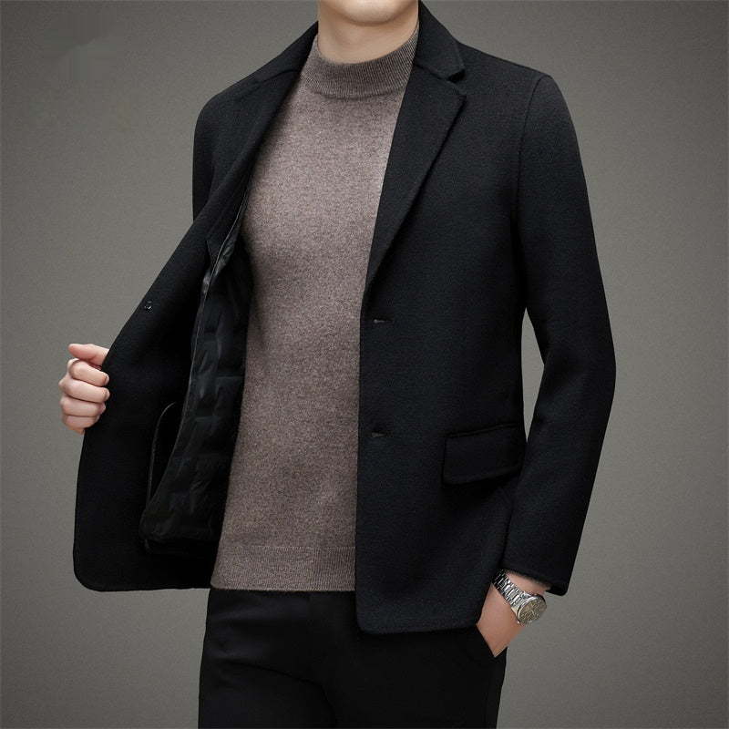 Men's High-end Suit Reversible Woolen Coat Short Detachable 90 White Duck Down Liner Suit Jacket