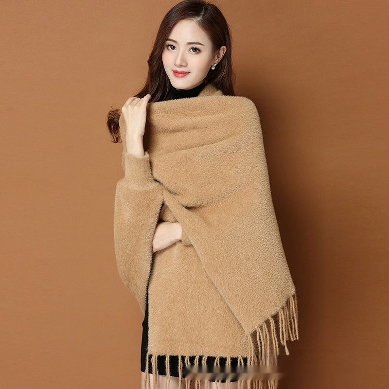 Autumn And Winter Classic Pure Color Thickened Faux Mink Sleeved Shawl Women's Scarf