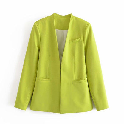 New Women's Suit Jacket Without Lapel Solid Color Long-sleeved Collar Pants - Cruish Home