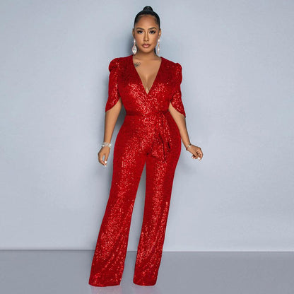 V-neck Half-sleeve Slim Fit Sequined Party Jumpsuit - Cruish Home