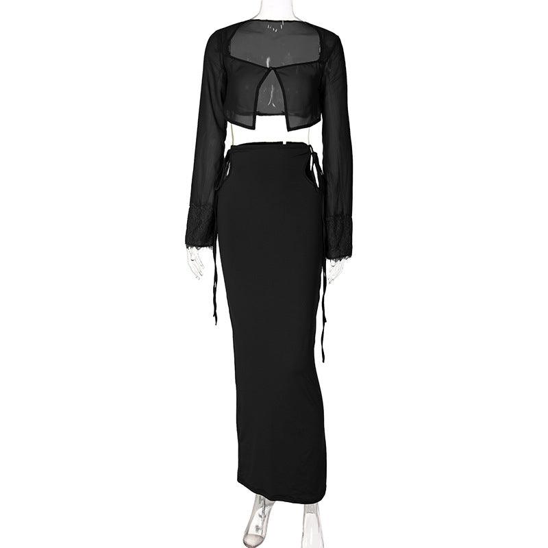 Women's New Long-sleeved Cardigan Hollow Lace-up Skirt Suit - Cruish Home