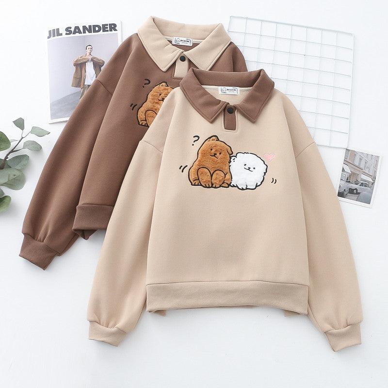 Japanese College Style Cartoon Wool Dog Fleece-lined Thickened Pullover Long Sleeve Sweater - Cruish Home