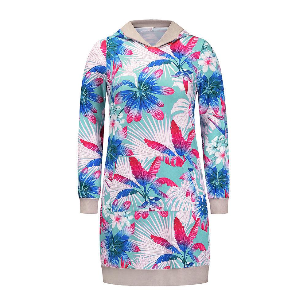 New Style Loose Long-sleeved Hooded Print Contrast Dress - Cruish Home