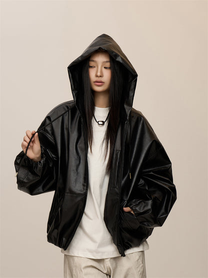 Women's Black Hooded Leather Coat