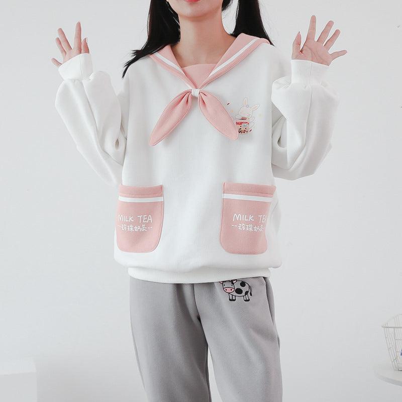 Japanese College Style Milk Tea Rabbit Sailor Collar Bow Brushed Hoody - Cruish Home