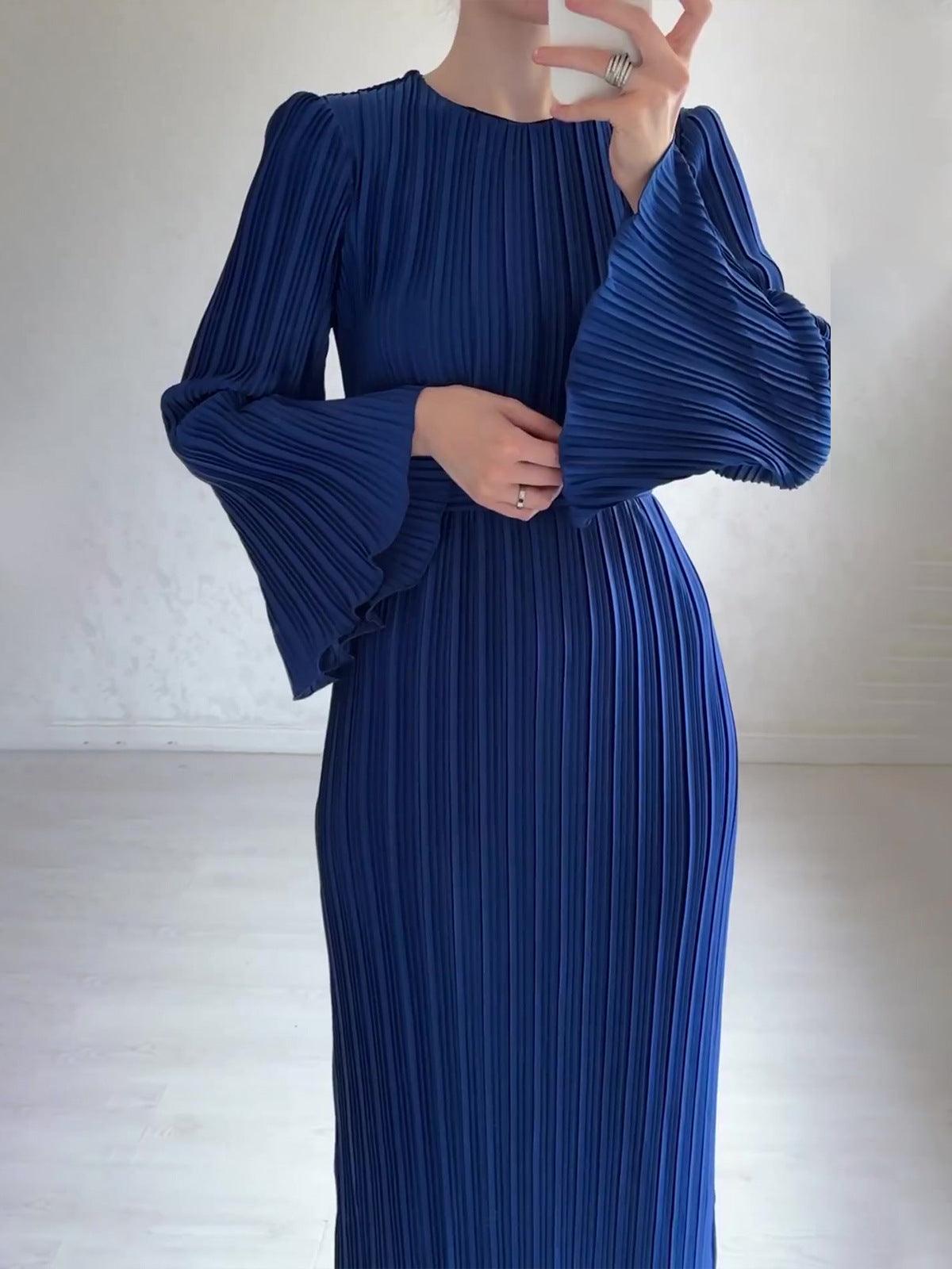 Elegant Pleated Bell Sleeve Mid-length Dress Women's Clothing - Cruish Home