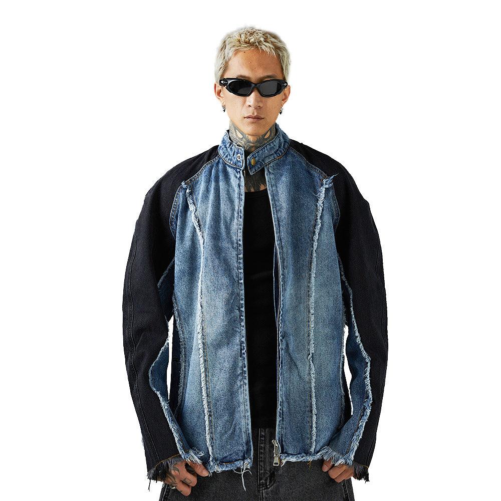 Heavy Industry Distressed Cat Raw-cut Edges Color Matching Machete Sleeve Wash Stand Collar Denim Coat - Cruish Home