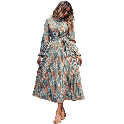 Summer Long-sleeve Retro Halterneck Skirt Sling Pleated Dress - Cruish Home