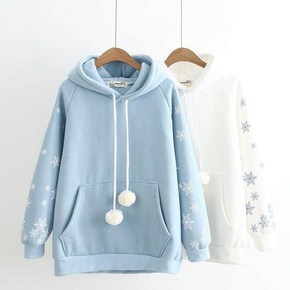 Snowflake Embroidery Hooded Fleece Lined Sweater Women - Cruish Home