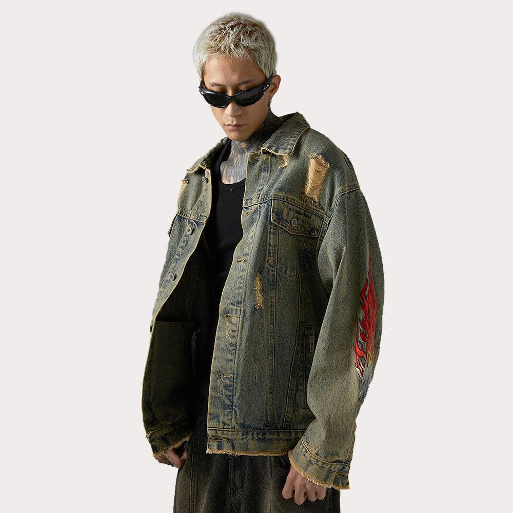 Faucet Zodiac Needle Embroidery Denim Jacket Men's High Street National Fashion Design Sense Ripped Jacket - Cruish Home