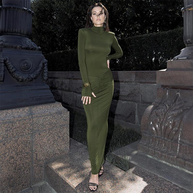 Autumn And Winter New High Neck Long Sleeve Fashion Pleated Dress - Cruish Home