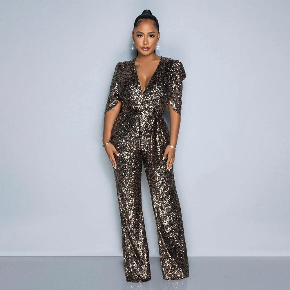 V-neck Half-sleeve Slim Fit Sequined Party Jumpsuit - Cruish Home