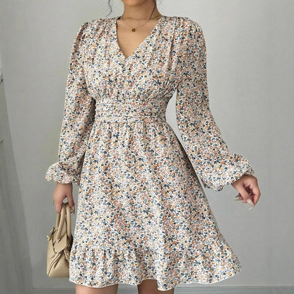 Printed V-neck Long-sleeve Dress Women