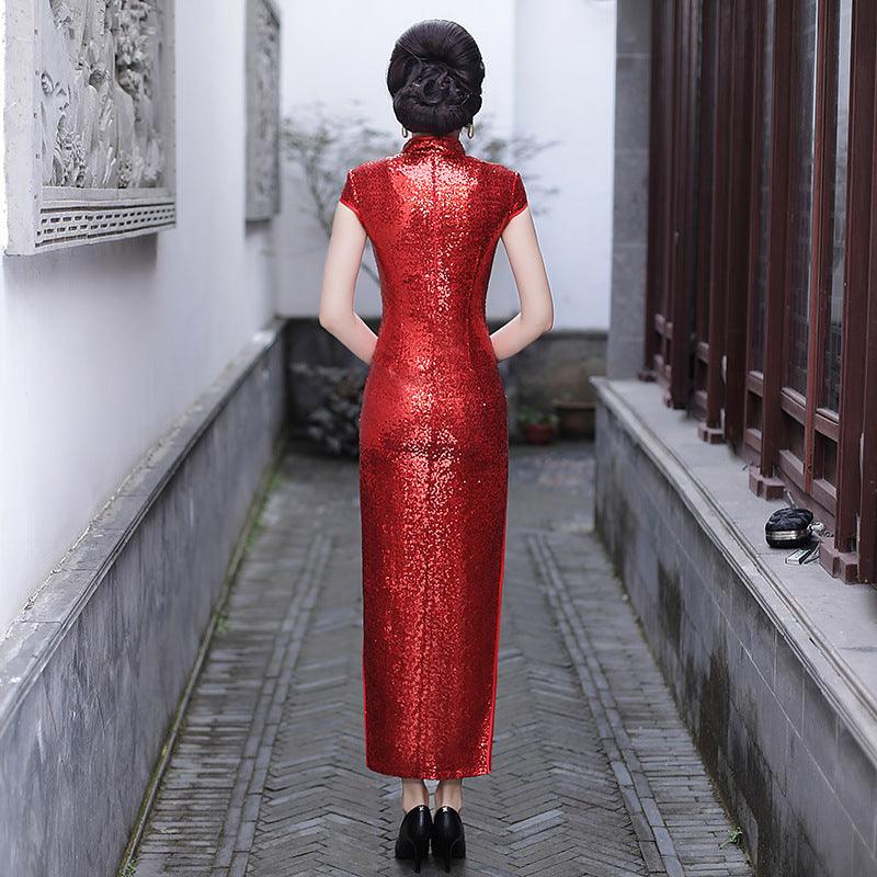 Improved Cheongsam Autumn Winter Red Wedding Mother's Clothing Long Short Sleeve Split Phoenix Ethnic Style Dress - Cruish Home