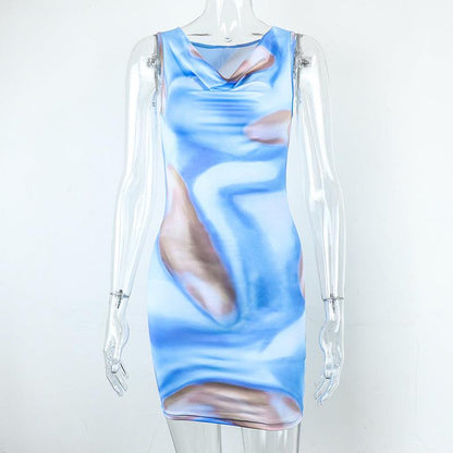 Printed Short Skirt Sleeveless Slim Waistband Hip Dress - Cruish Home