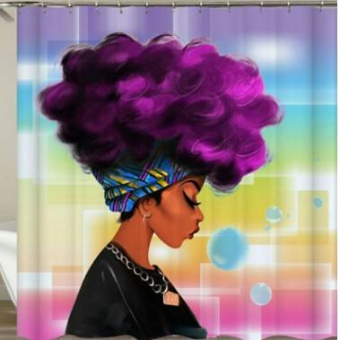 African American 3D Retro Style Print Waterproof Polyester Shower Curtain With 12 Hooks For Bathroom Decor Blue Hair Afro Girl - Cruish Home