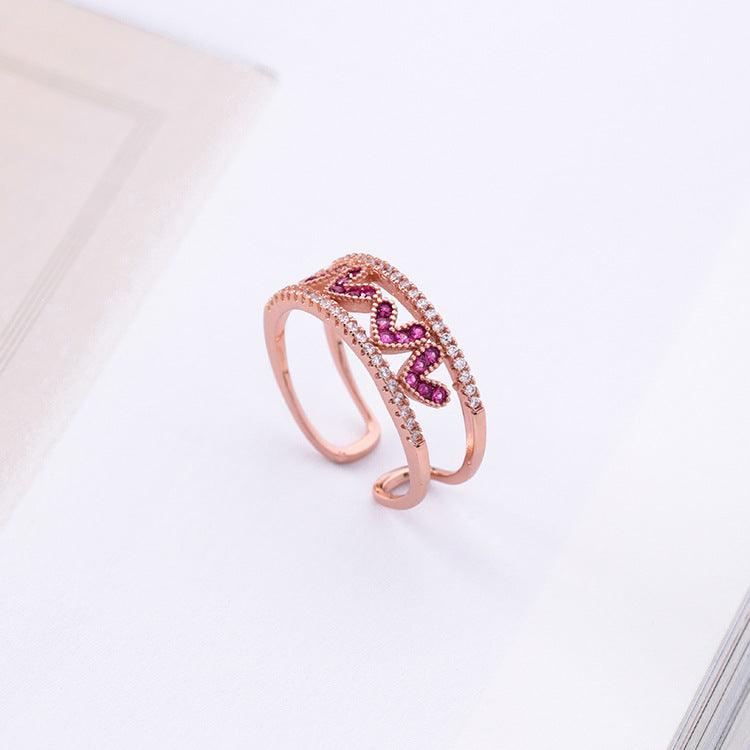 Rose red diamond hollow love opening ring wide version micro-inlaid zircon heart-shaped ring tail ring - Cruish Home