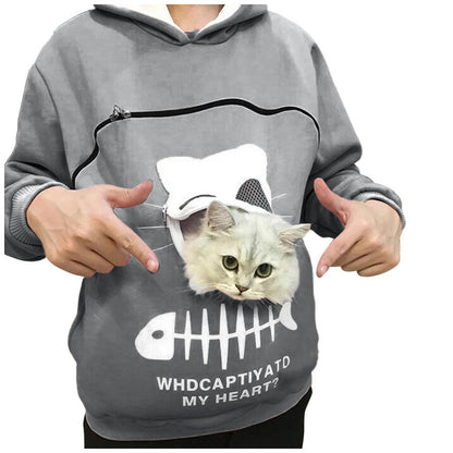 Women Hoodie Sweatshirt With Cat Pet Pocket Design Long Sleeve Sweater Cat Outfit - Cruish Home