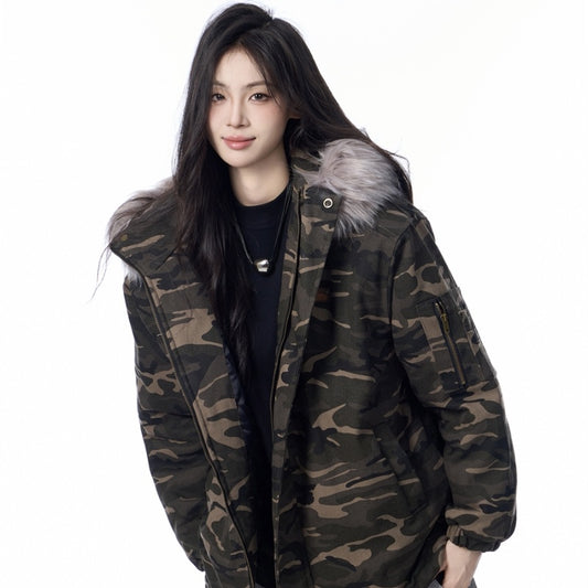 Retro Fur Collar Camouflage Mountain Carving Hooded Cotton Jacket