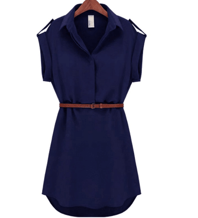 Casual Summer Style Dress Women Casual V-neck Short-Sleeved Shirt Loose Chiffon Mini Dress with Belt - Cruish Home