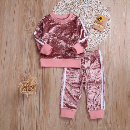 Breathable Clothes Set Cute Fashion O-Neck Long Sleeve Gold Velvet Sweatshirt Trousers Soft Outfits Baby Girls Tracksuit Sets - Cruish Home