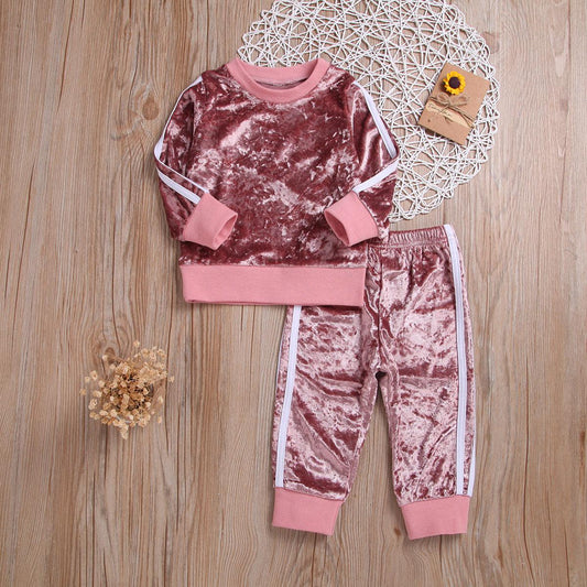 Breathable Clothes Set Cute Fashion O-Neck Long Sleeve Gold Velvet Sweatshirt Trousers Soft Outfits Baby Girls Tracksuit Sets - Cruish Home