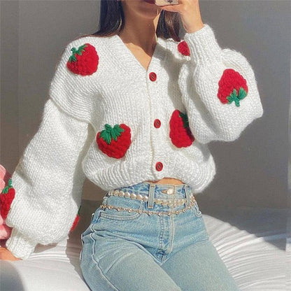 Female Cute Strawberry Loose V-neck Cardigan Sweater - Cruish Home