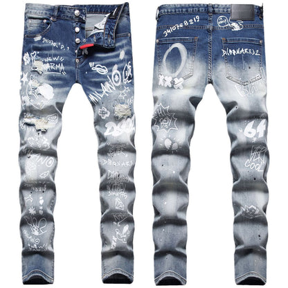 Cloth Liner Patch Random Line Embroidery Hole Digital Printing Stretch Small Straight-leg Jeans