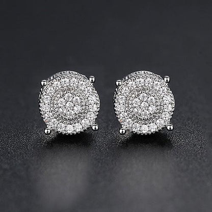 JINSE 10mm Round Geometric CZ Stud Earrings For Men Women Full Paved Cubic Zircon Black Clear Ear Earrings Rock Hip Hop Jewelry - Cruish Home