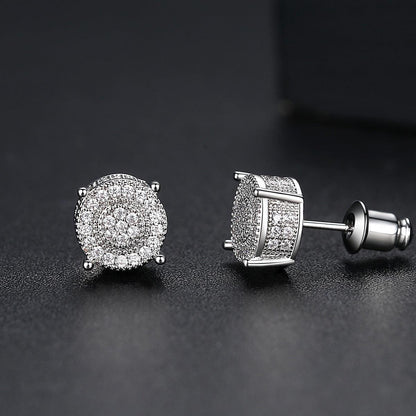 JINSE 10mm Round Geometric CZ Stud Earrings For Men Women Full Paved Cubic Zircon Black Clear Ear Earrings Rock Hip Hop Jewelry - Cruish Home