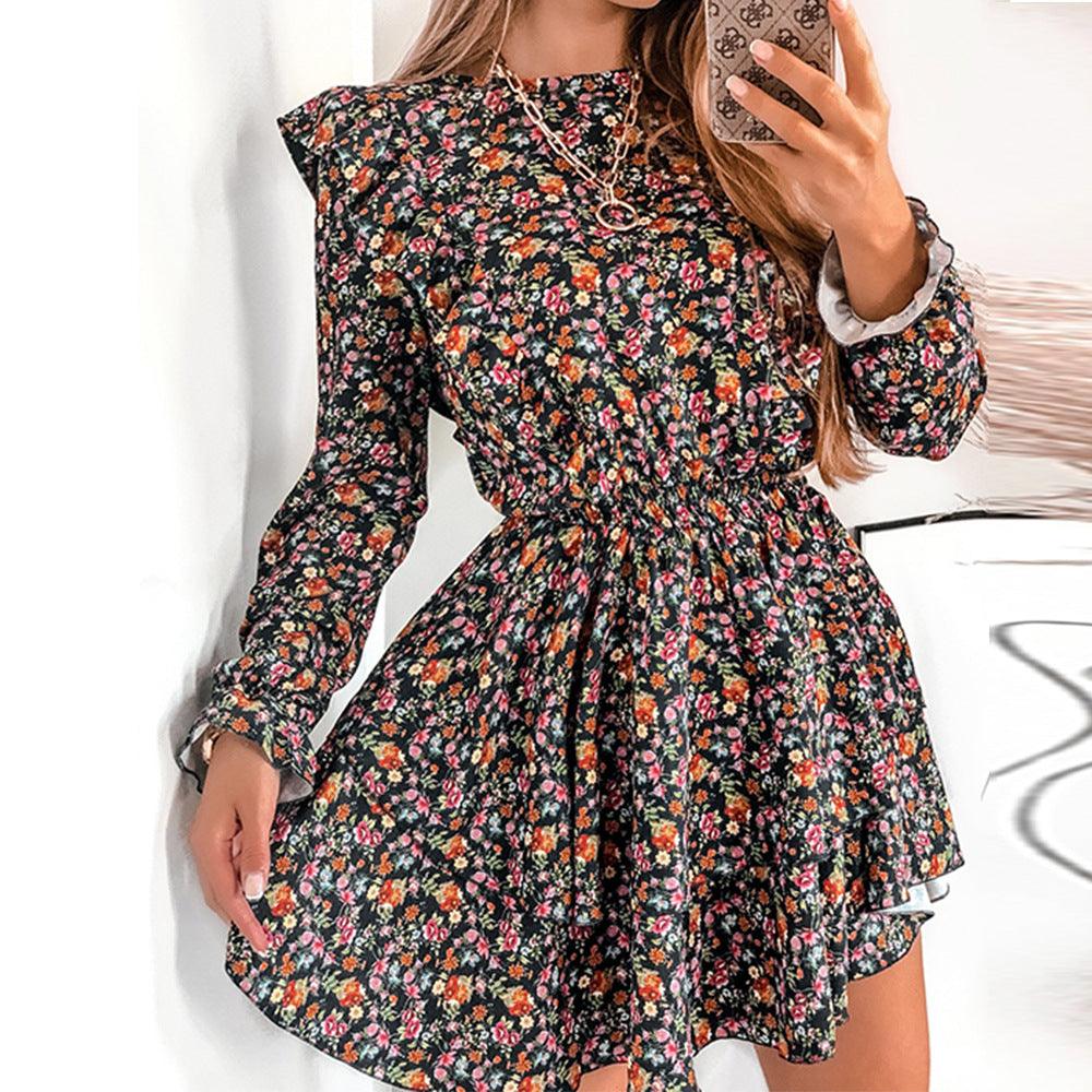 Short Skirt Black Bottom Floral Lace Waist Slimming Dress - Cruish Home