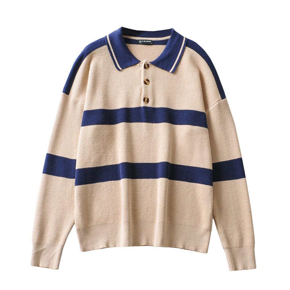 Women's European And American Retro Beige Knit Striped Loose Lazy Sweater - Cruish Home