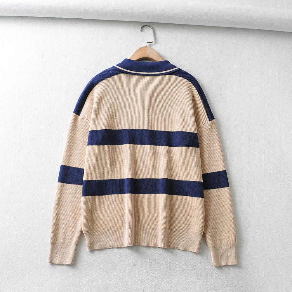 Women's European And American Retro Beige Knit Striped Loose Lazy Sweater - Cruish Home