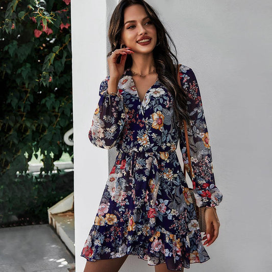 Long Sleeve Chiffon Print Dress Women - Cruish Home