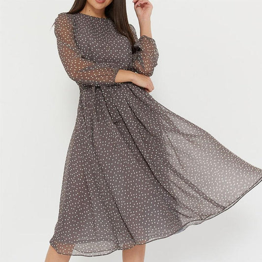 Ladies Long Sleeve Round Neck Belt Print Lace Polka Dot Dress - Cruish Home