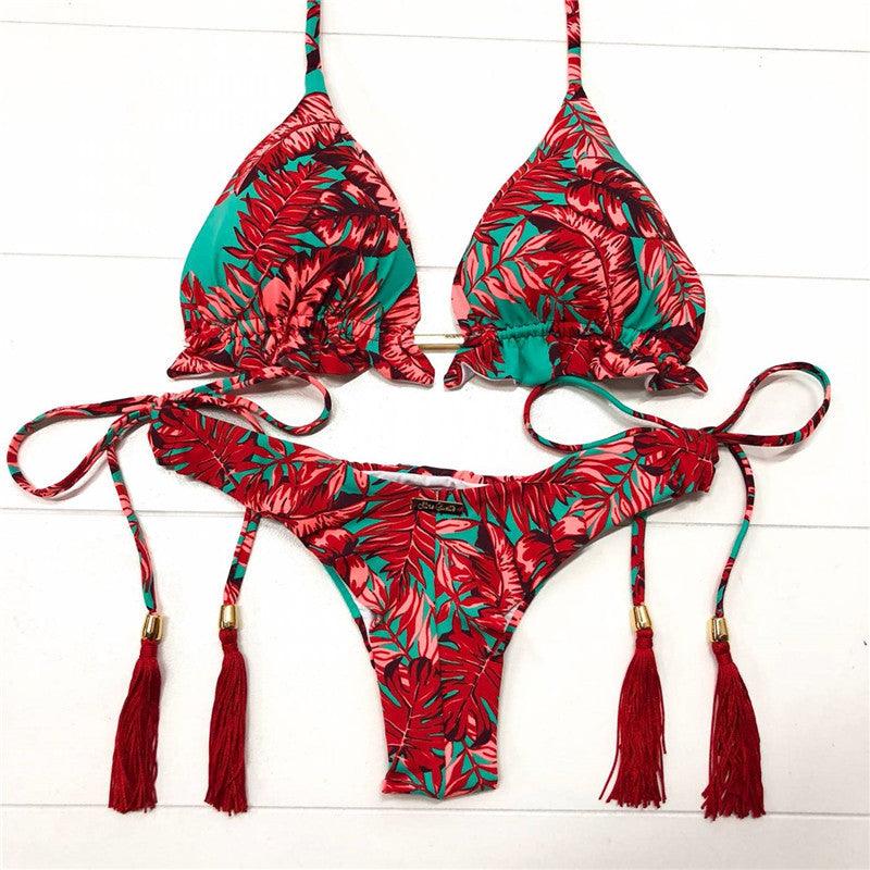 Red Print Split Bikini Swimsuit - Cruish Home