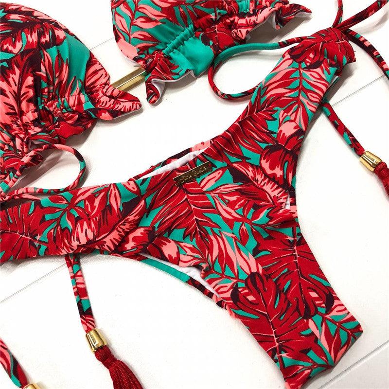 Red Print Split Bikini Swimsuit - Cruish Home