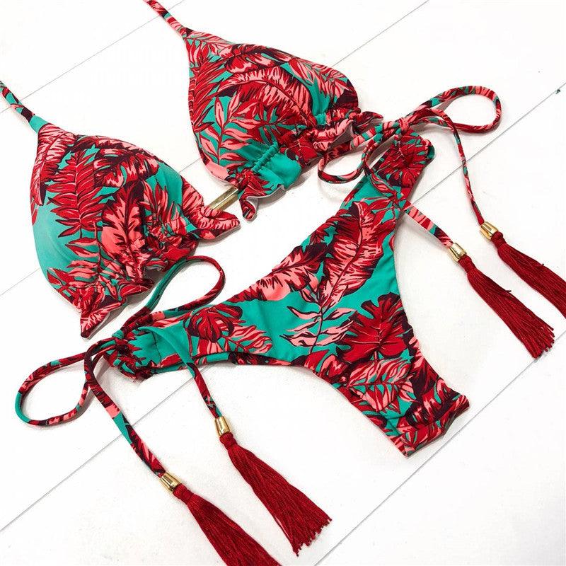 Red Print Split Bikini Swimsuit - Cruish Home