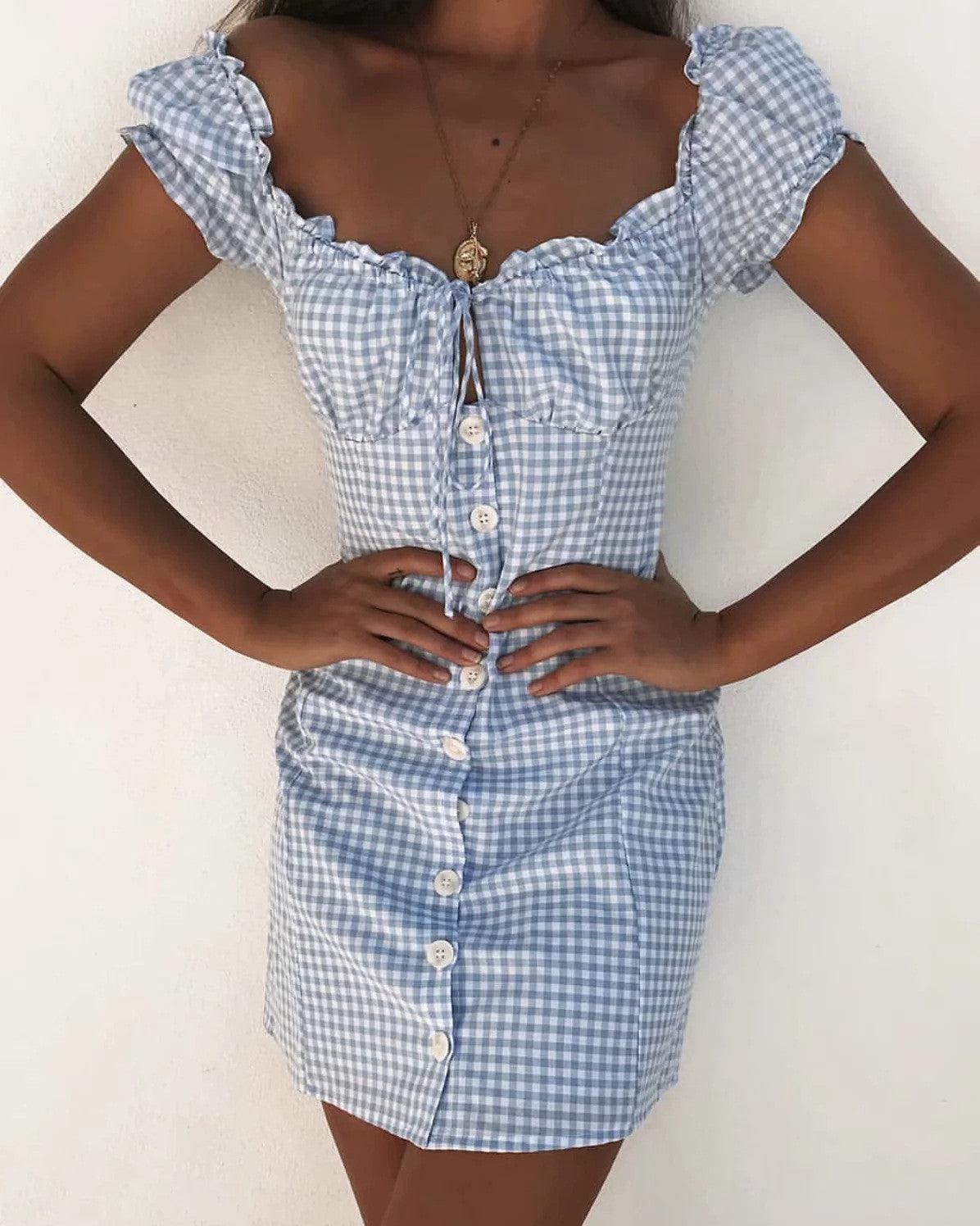 Women's New Retro Front Breasted Check Lace Dress - Cruish Home