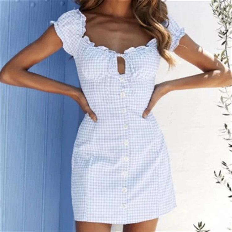 Women's New Retro Front Breasted Check Lace Dress - Cruish Home