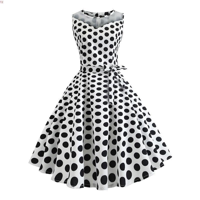 Retro Hepburn Style Mesh Stitching Polka Dot Dress - Cruish Home