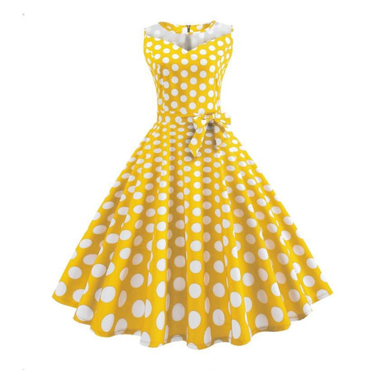 Retro Hepburn Style Mesh Stitching Polka Dot Dress - Cruish Home