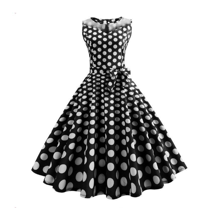 Retro Hepburn Style Mesh Stitching Polka Dot Dress - Cruish Home